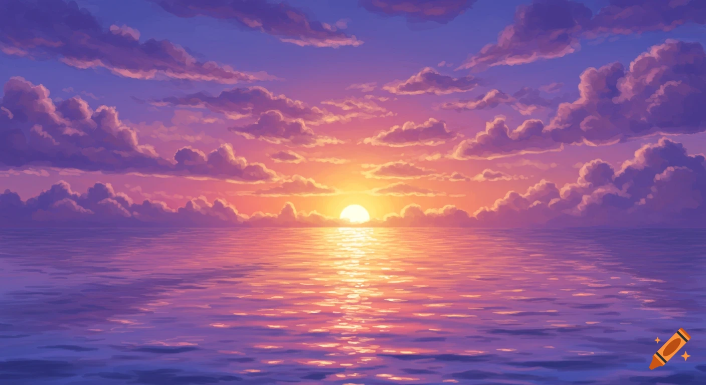 Stylized sunset/sunrise over the ocean with purple and pink clouds