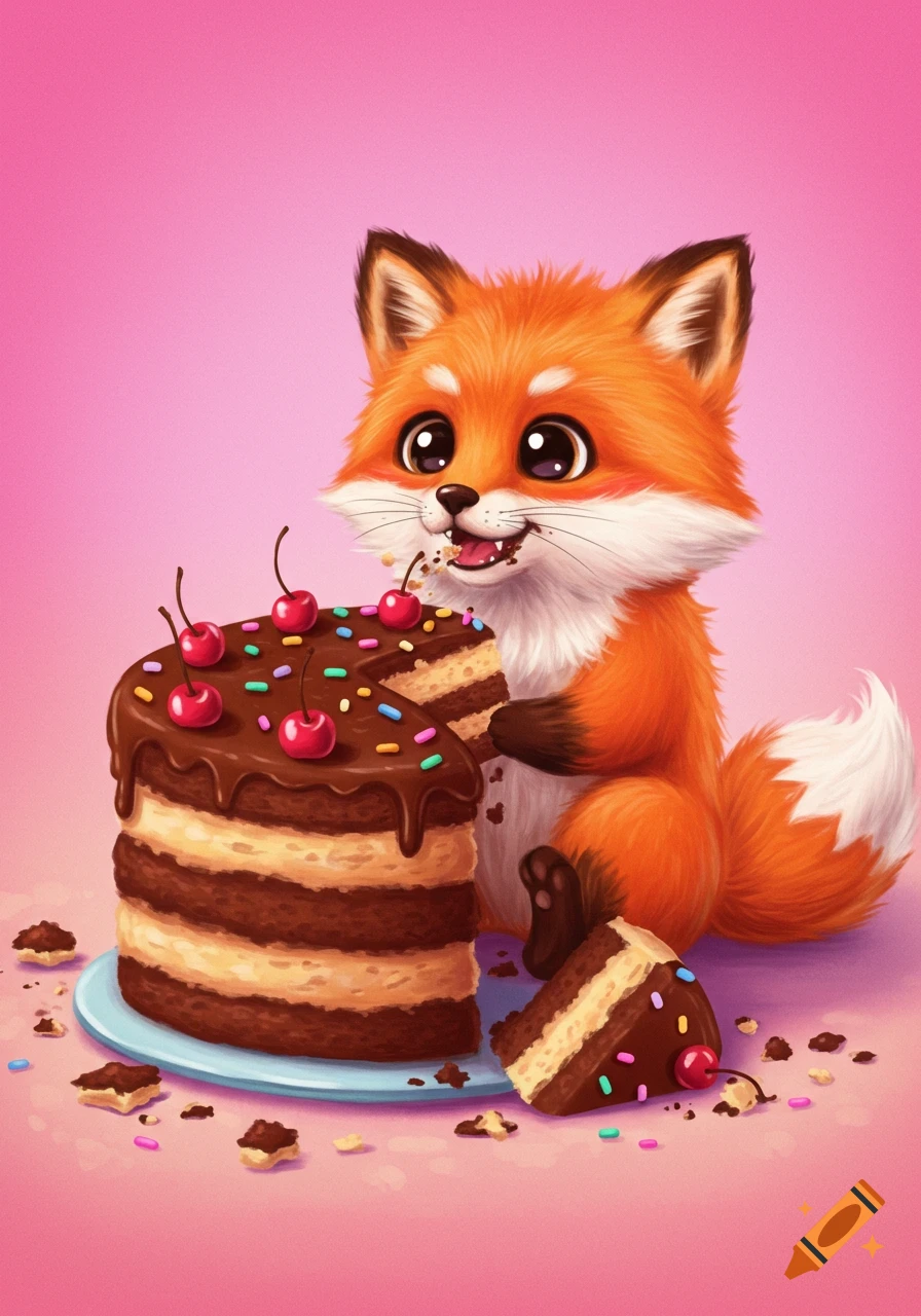 Cute cartoon fox eating a slice of chocolate cake.