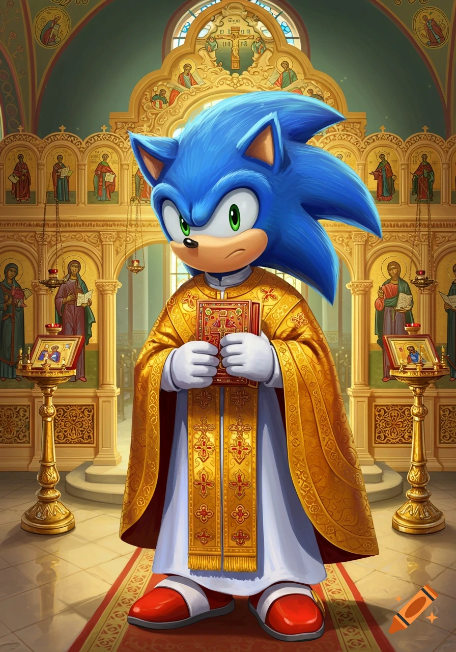 Sonic the Hedgehog dressed as an Orthodox priest holding a book in a church.