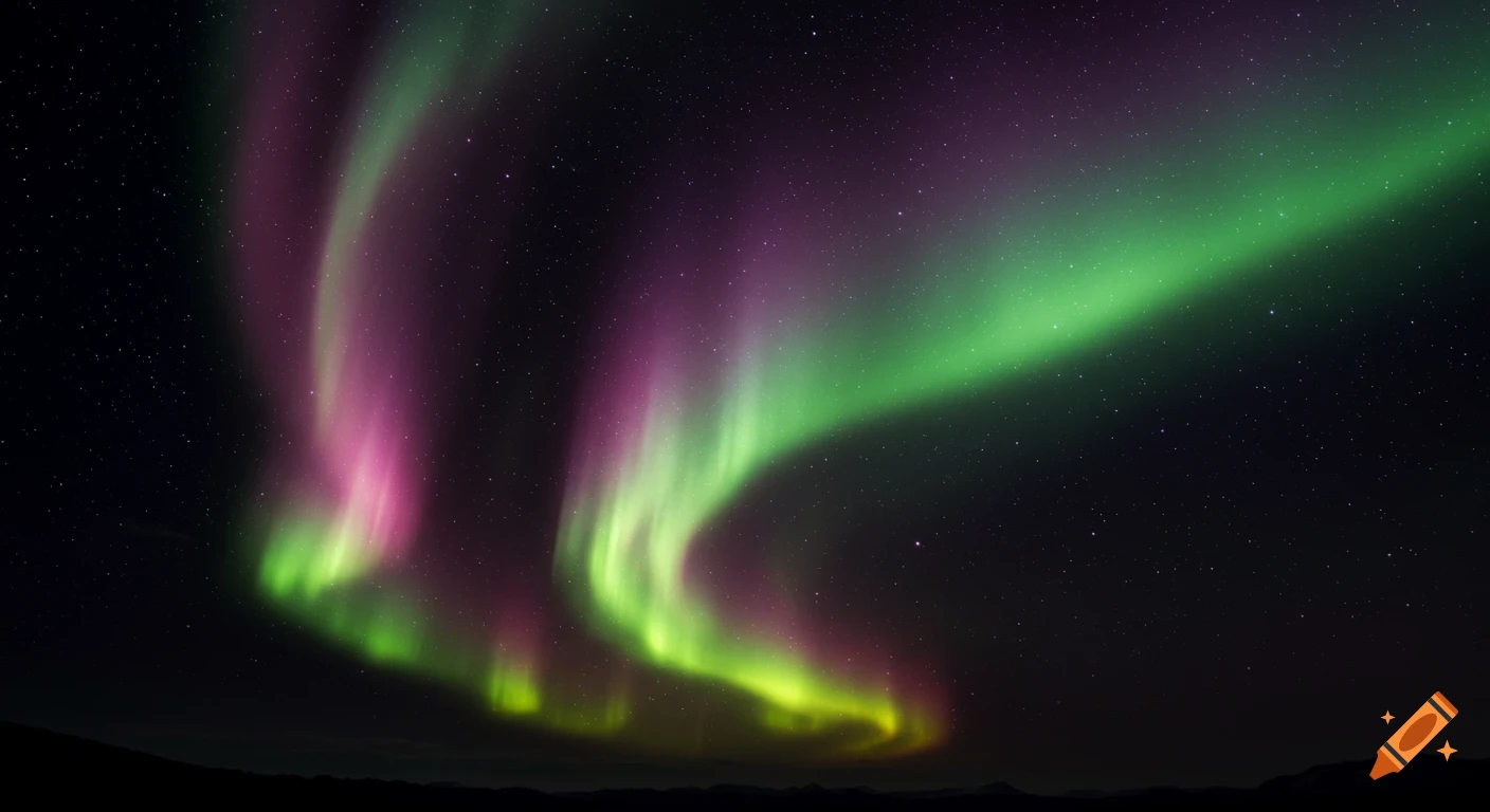 Green and purple aurora borealis against a starry night sky.