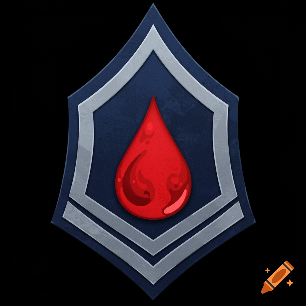 An illustrated rank patch with a red drop symbol. on Craiyon