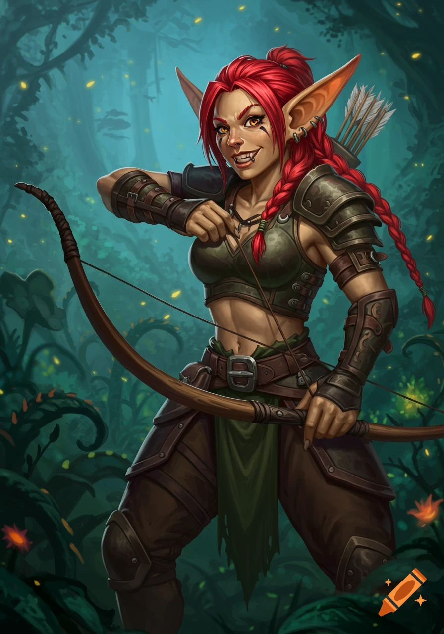 Female hobgoblin archer drawing a bow in a forest