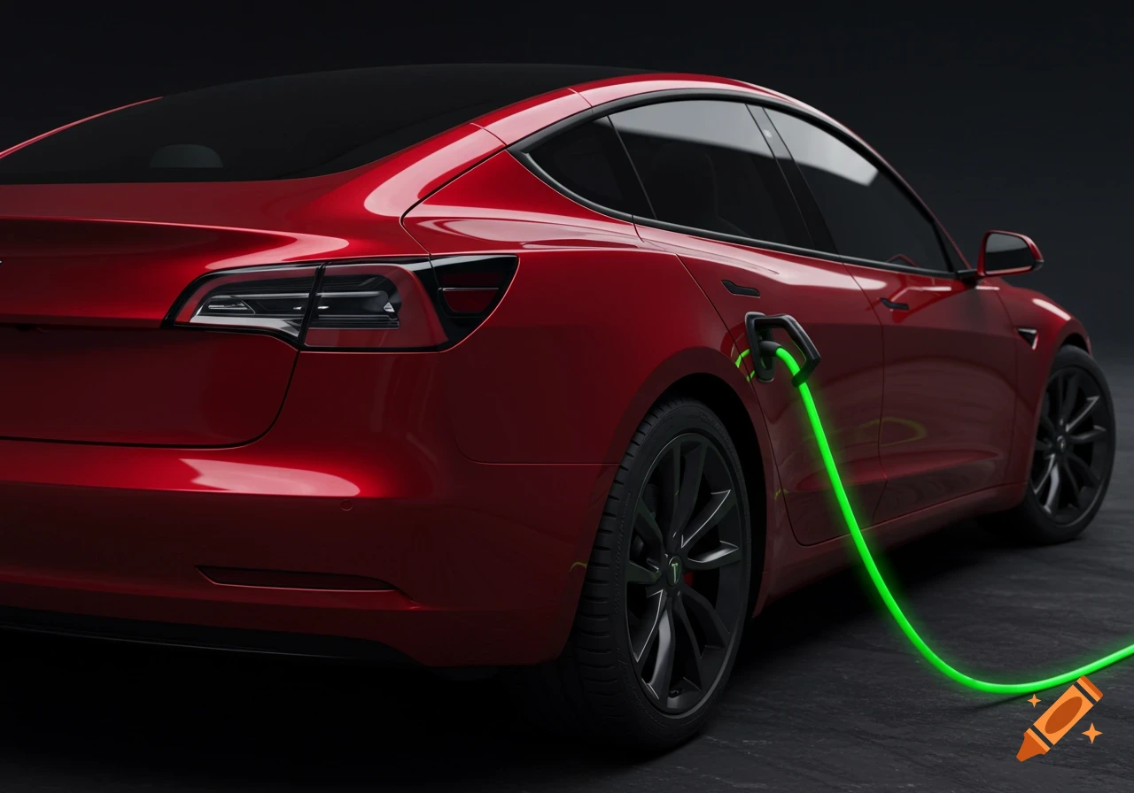 Rear view of a red Tesla Model 3 electric car charging with a glowing green cable.