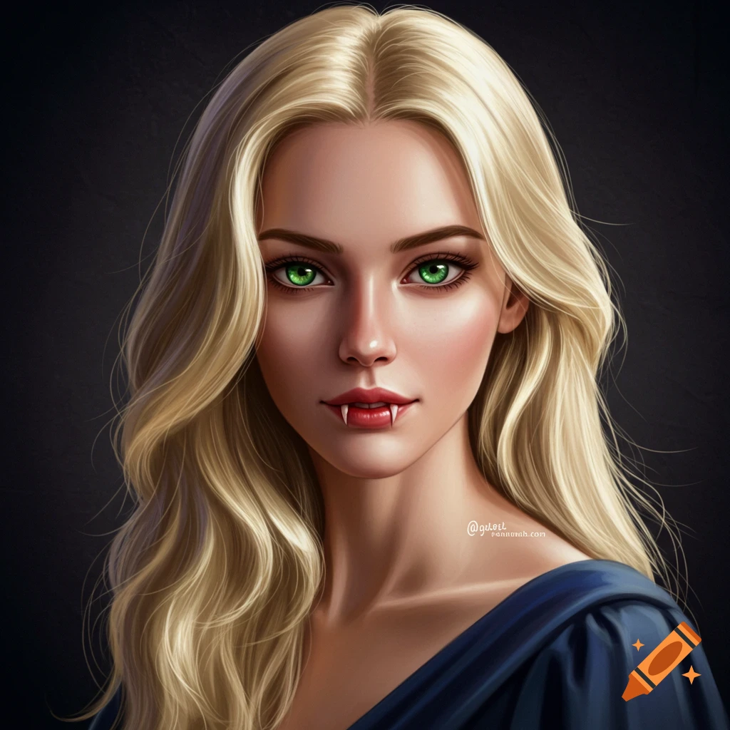 Digital art portrait of a blonde woman with green eyes and vampire fangs.