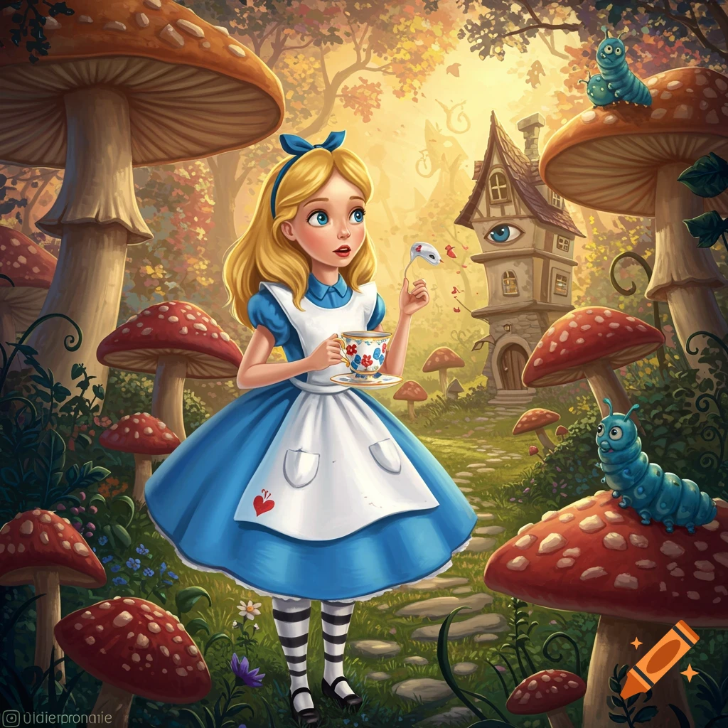 Alice holds a teacup among giant mushrooms and a house with an eye in a sunny forest.