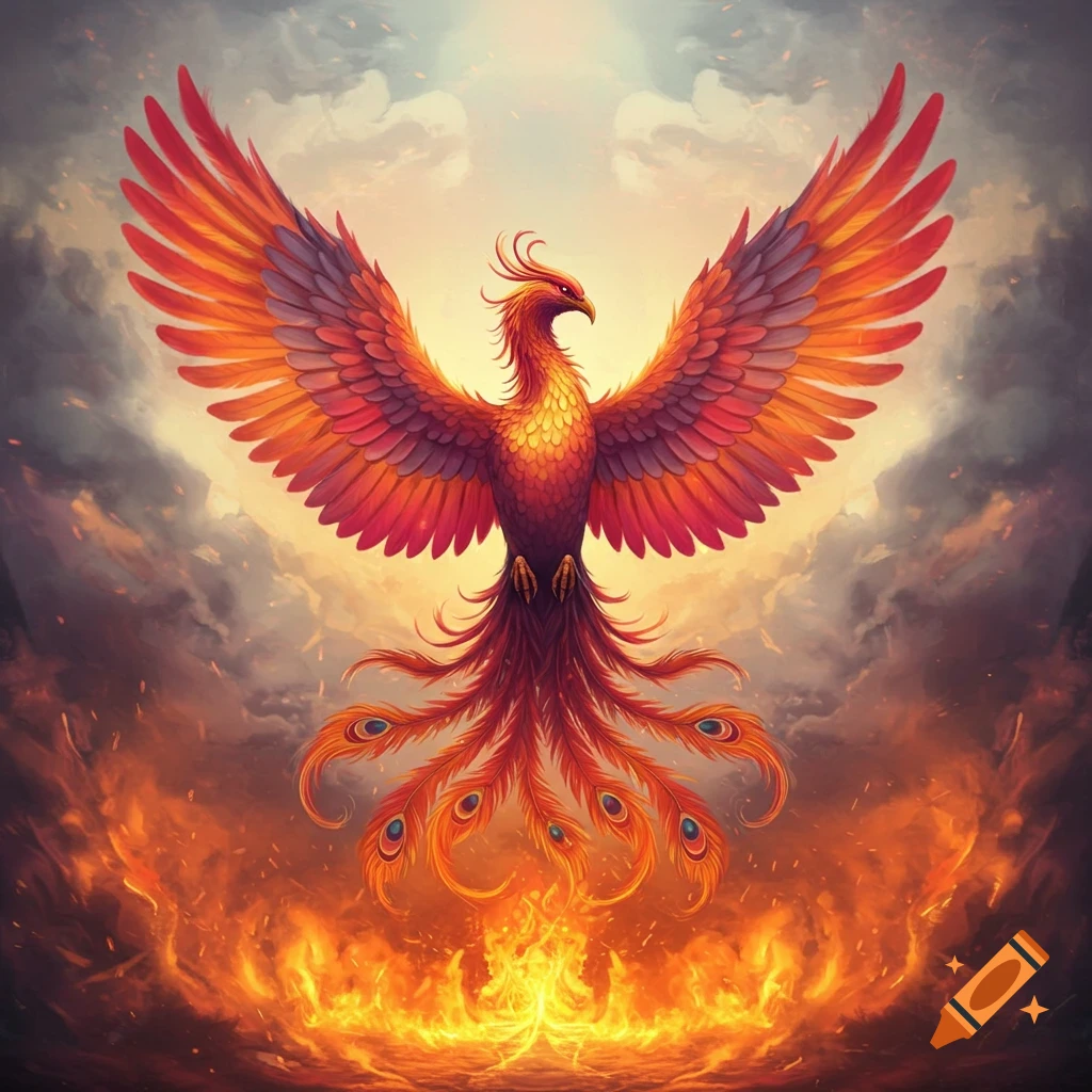 A vibrant phoenix with widespread wings rises from intense flames against a cloudy sky.