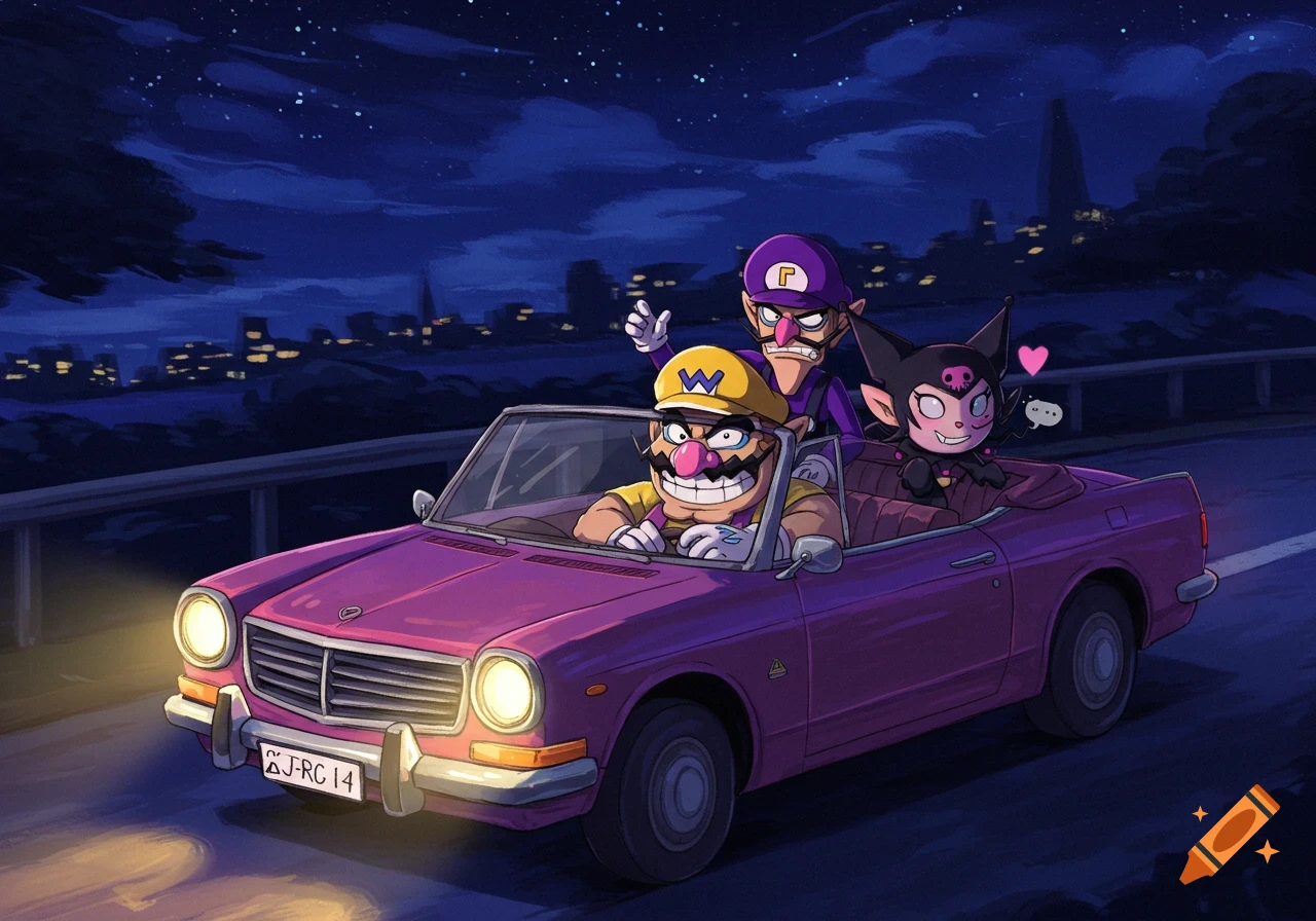 Cartoon of Wario, Waluigi, and Kuromi riding in a purple convertible car at night.