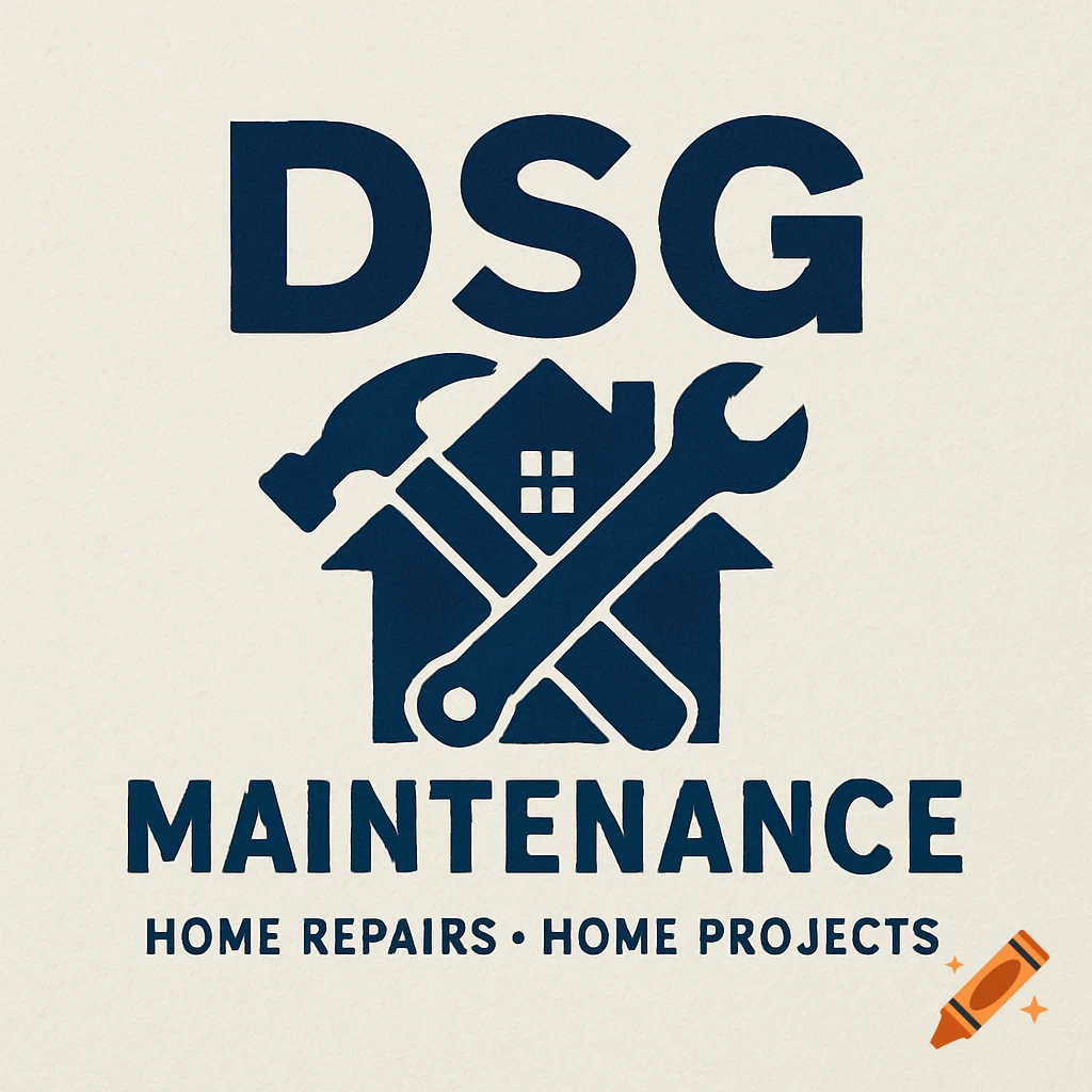 A blue logo on a light background shows "DSG" above a house icon with a crossed hammer and wrench, "MAINTENANCE" below, and "HOME REPAIRS • HOME PROJECTS" at the bottom.