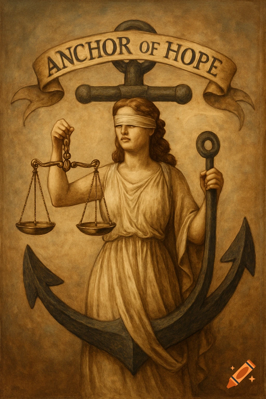 Blindfolded woman holding scales and anchor, with a banner reading "ANCHOR OF HOPE" above a large anchor, painted in sepia tones.