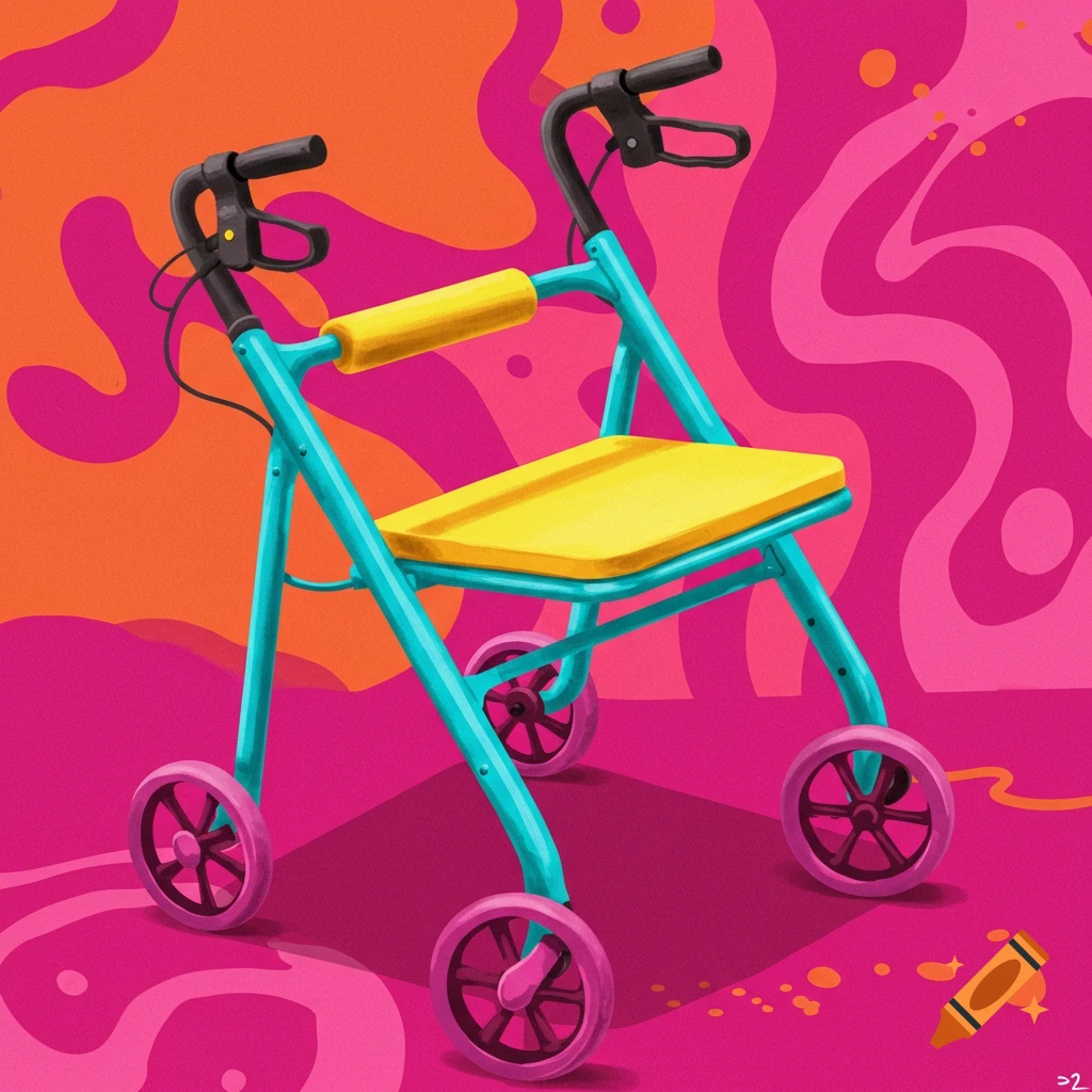 Brightly colored rollator walker in an illustrated style.
