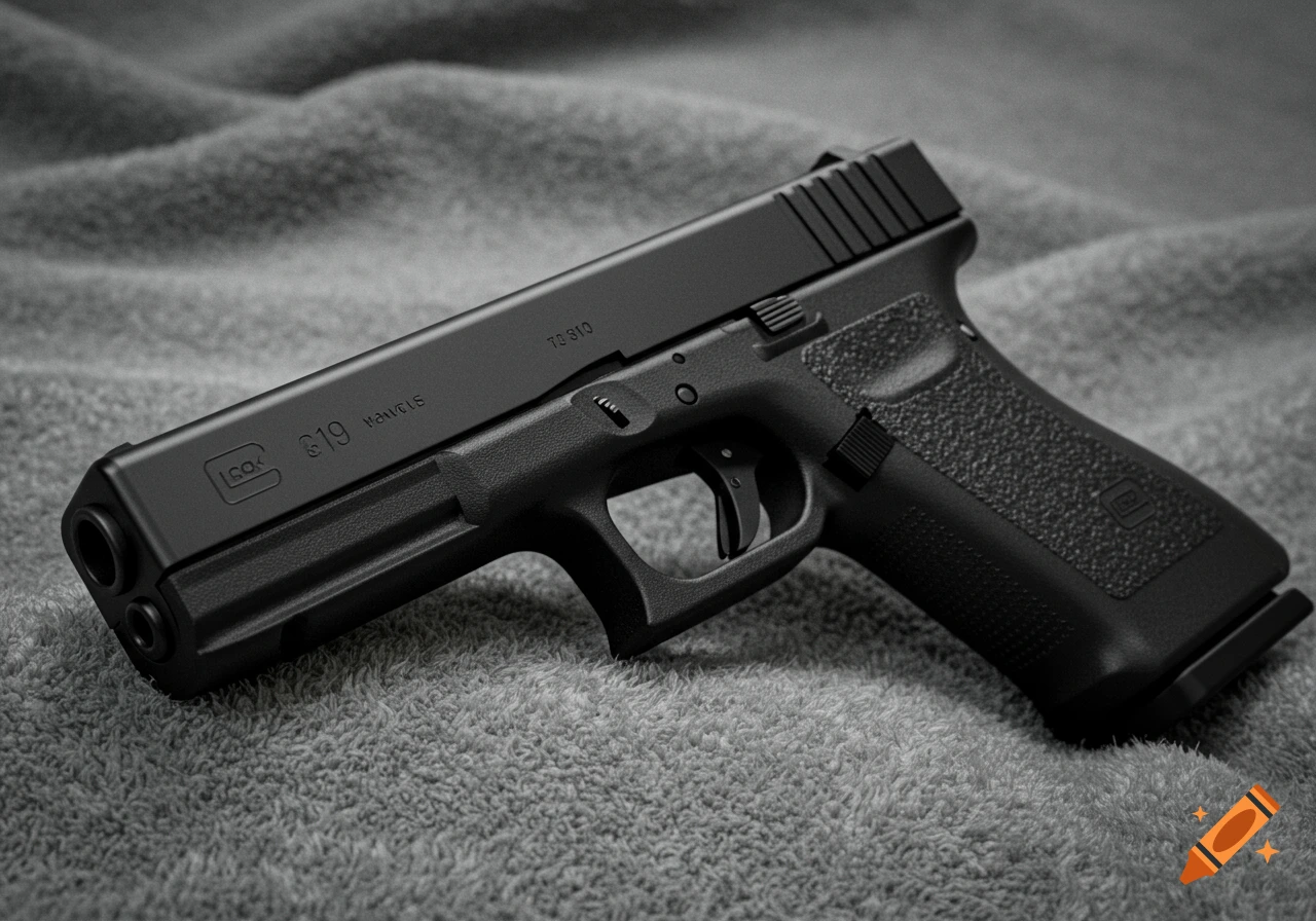 Black Glock 19 handgun on a gray blanket.