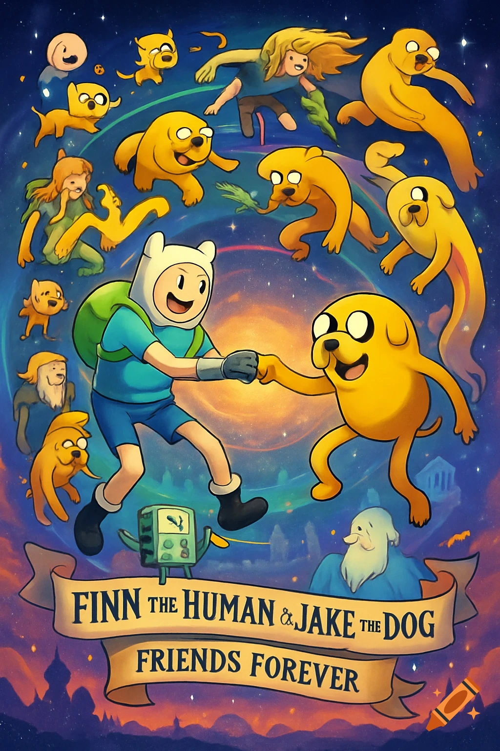 Colorful illustration of Finn and Jake from Adventure Time fist-bumping, surrounded by evolving forms, with a banner saying 'Friends Forever'.