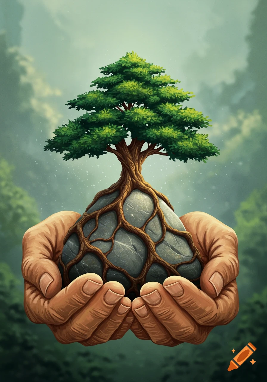 A pair of hands cradle a rock with a tree growing from it, roots wrapped around the rock.