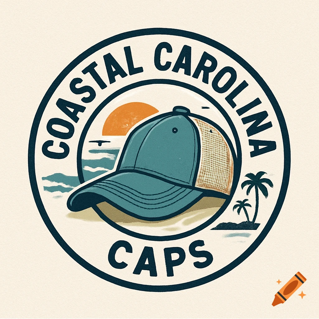 Circular logo for Coastal Carolina Caps featuring a baseball cap, beach, palm trees, and sunset.