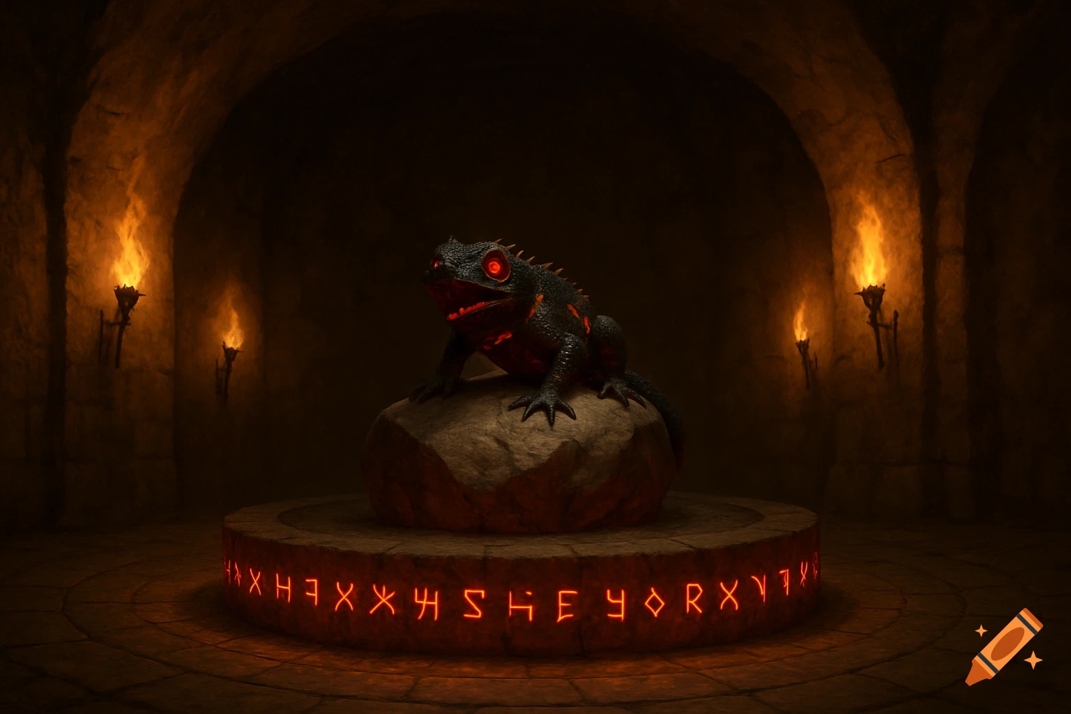A black lizard with glowing red eyes sits on a rock pedestal in a torch-lit underground chamber. The pedestal has glowing red runes.