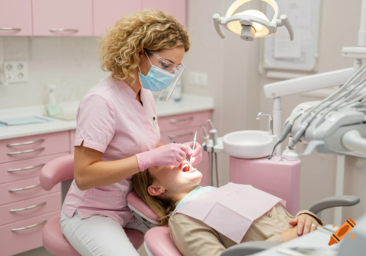 Dentist with face shield and mask working on a patient in a dental chair.