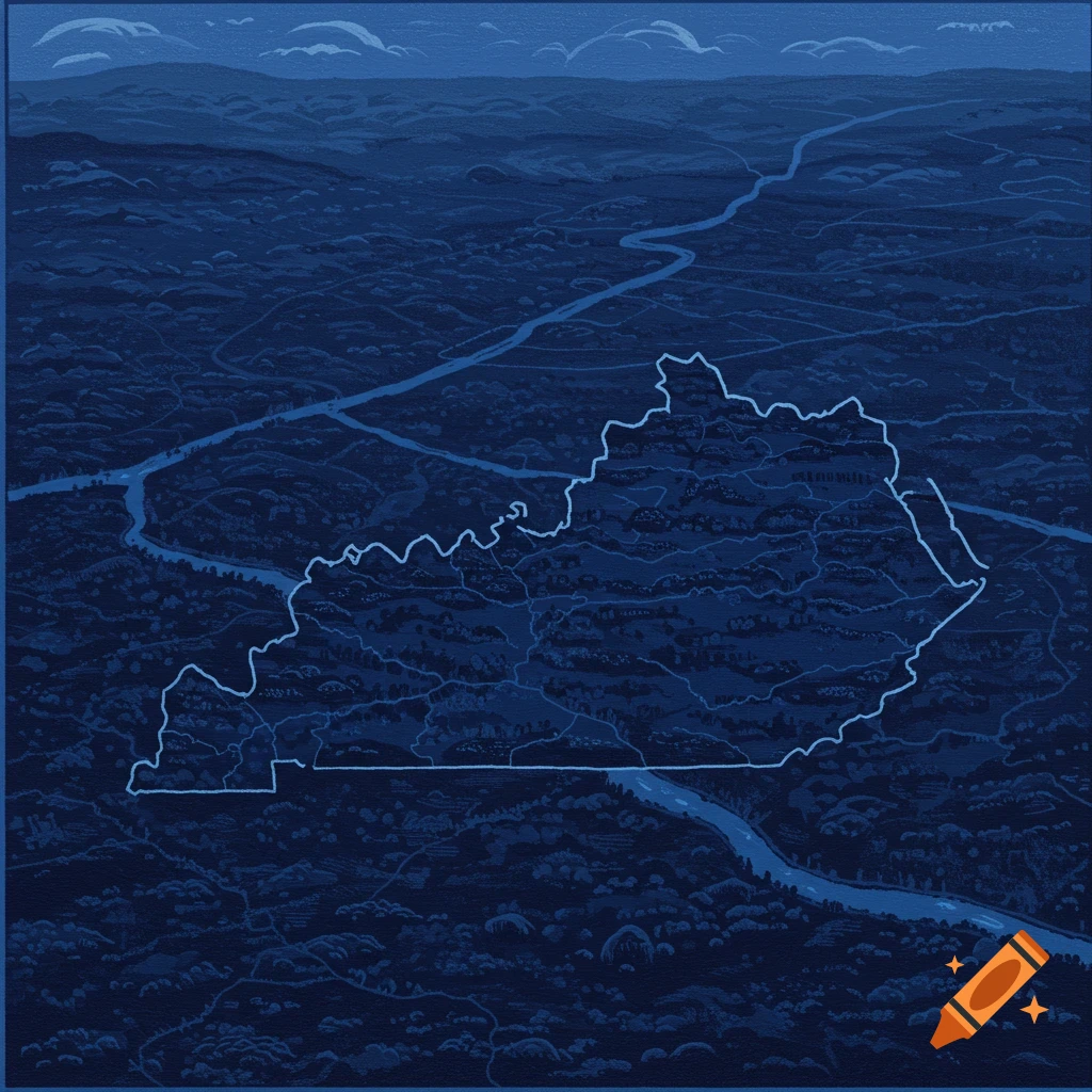 Stylized dark blue map outline of Kentucky over a textured landscape ...