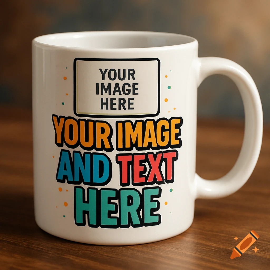 A white mug with the text 'YOUR IMAGE HERE' and 'YOUR IMAGE AND TEXT HERE' printed on it.