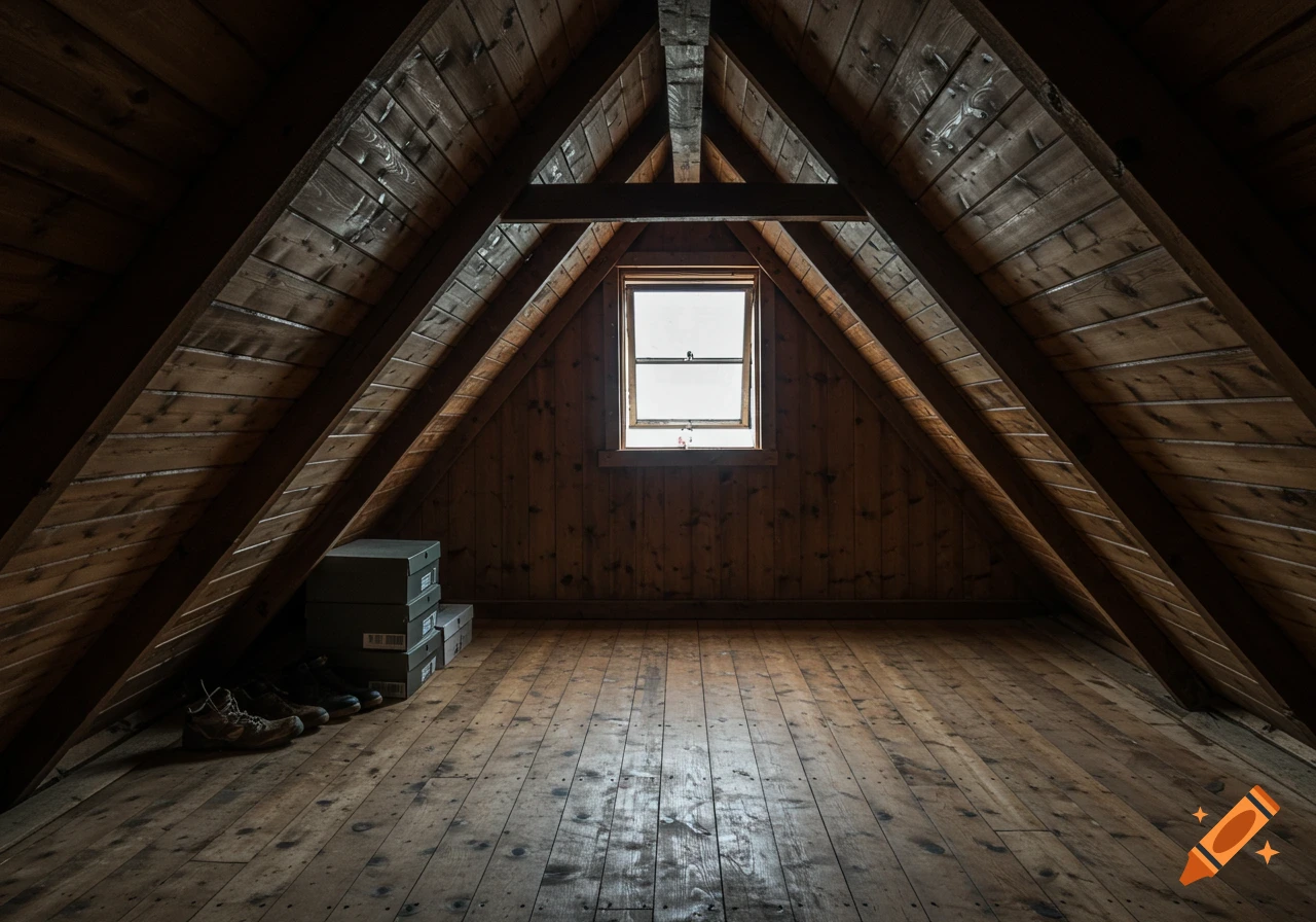Inside a dark attic with wooden walls and floor, a small window, shoeboxes, and shoes.
