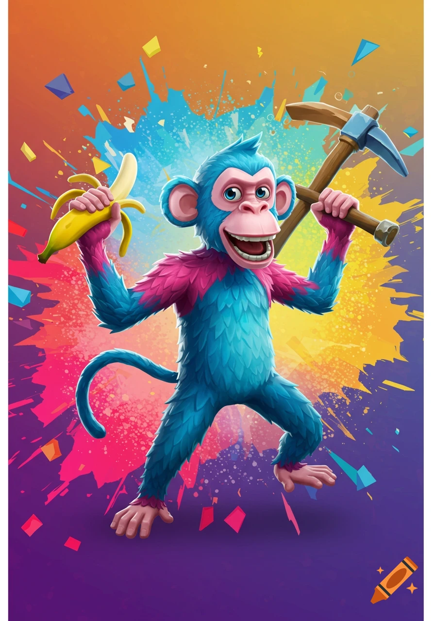 A colorful cartoon monkey with blue and pink fur holds a banana and a pickaxe against a vibrant, splashy background.