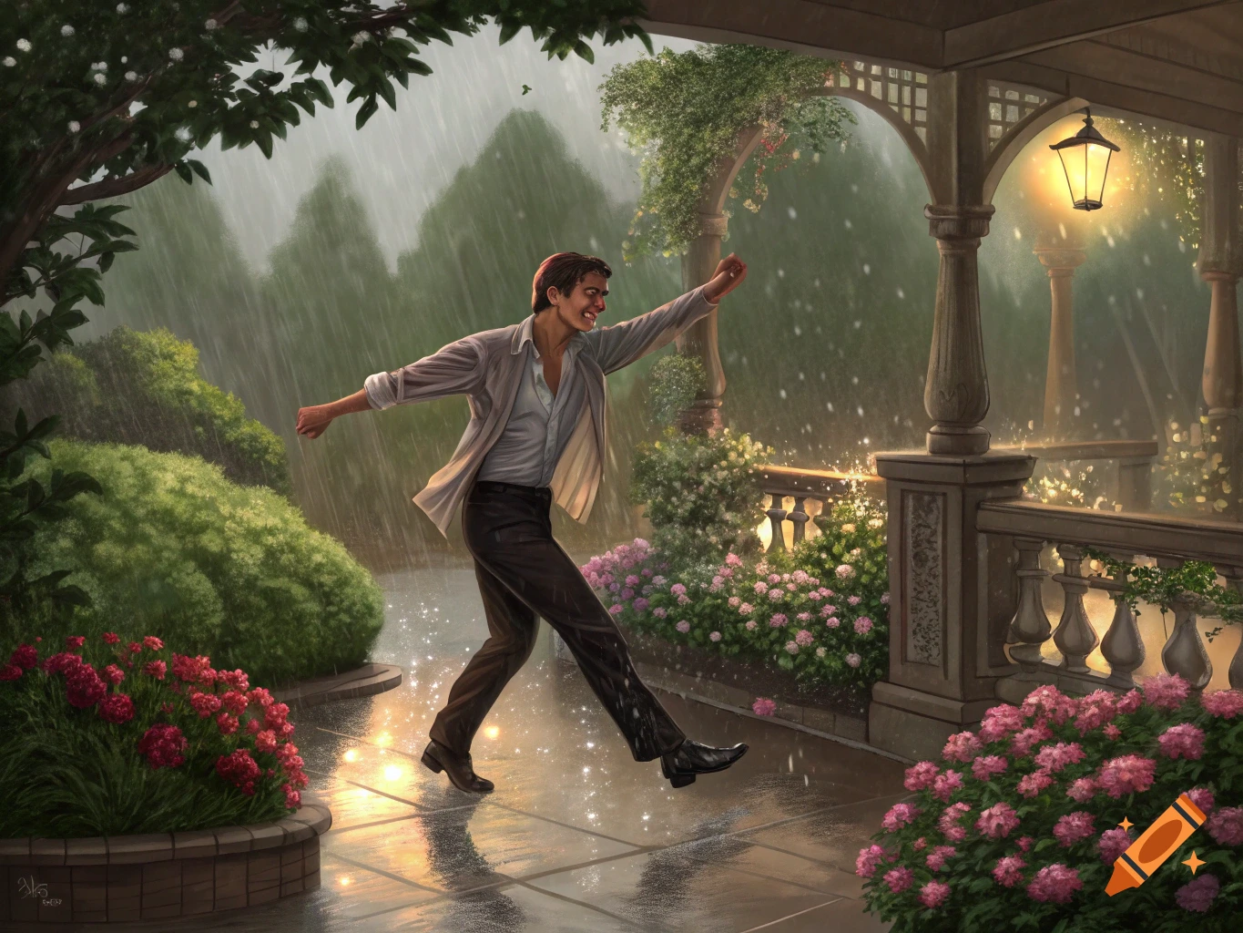 Man dances joyfully in rain on a garden terrace