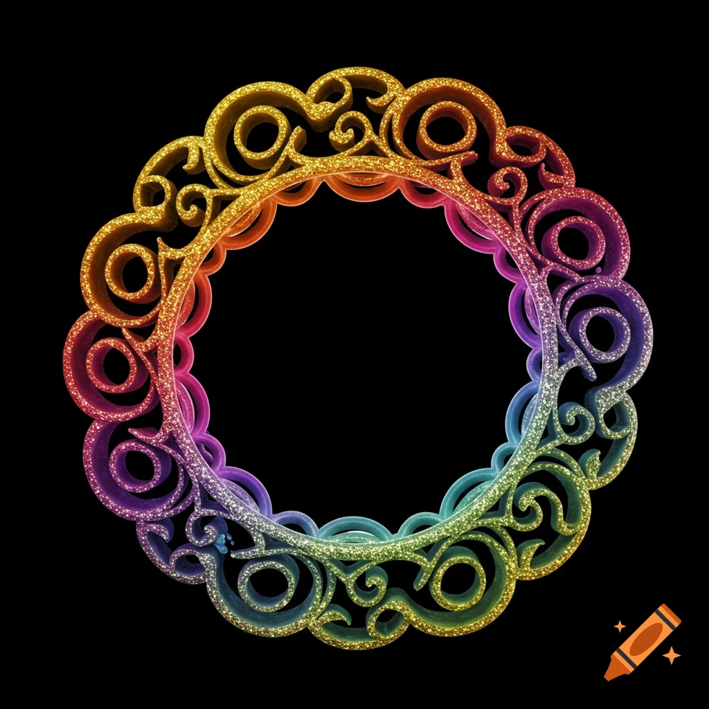 A circular 3D scrollwork frame with a rainbow gradient and golden glitter.