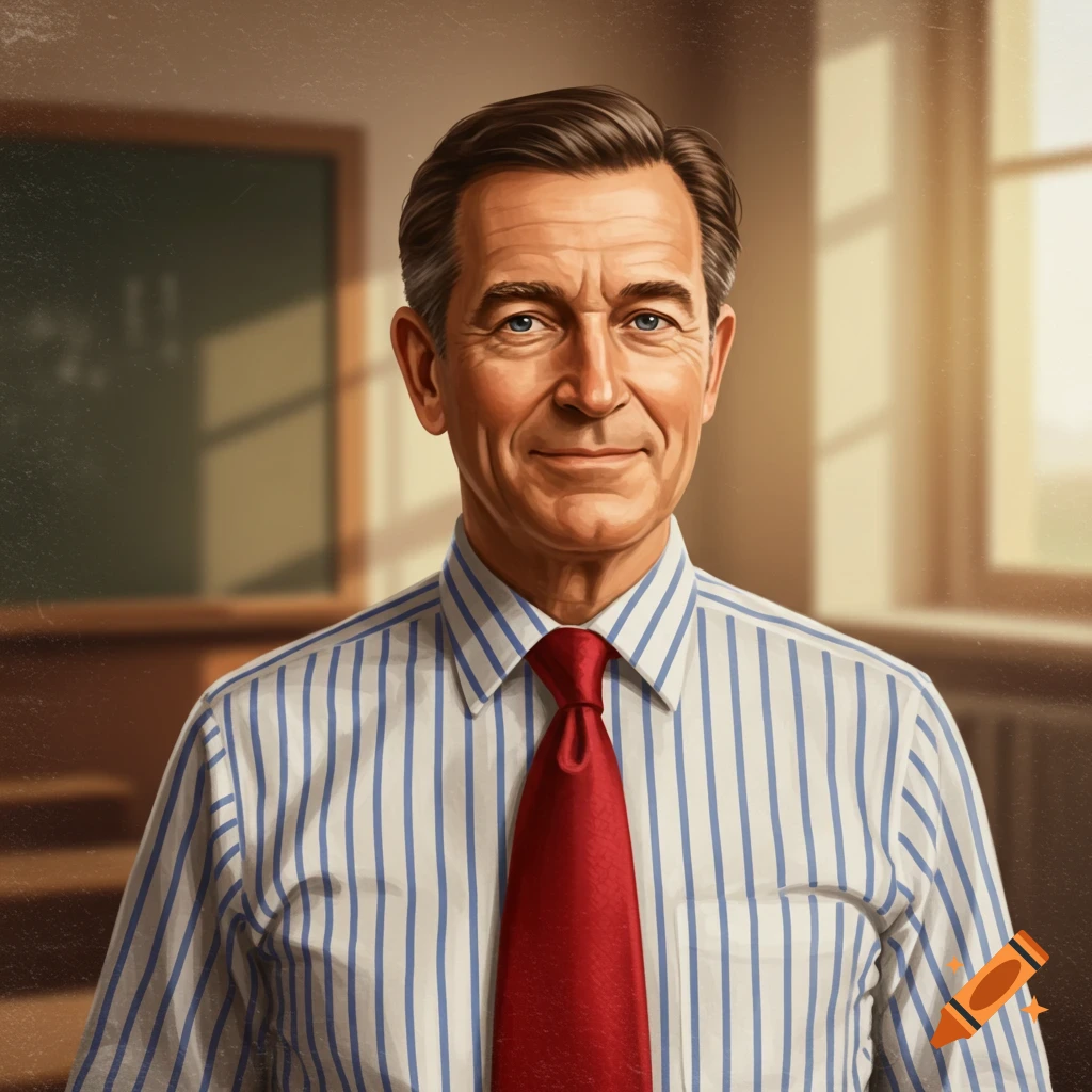 Portrait illustration of a man in a striped shirt and red tie, standing in a classroom.