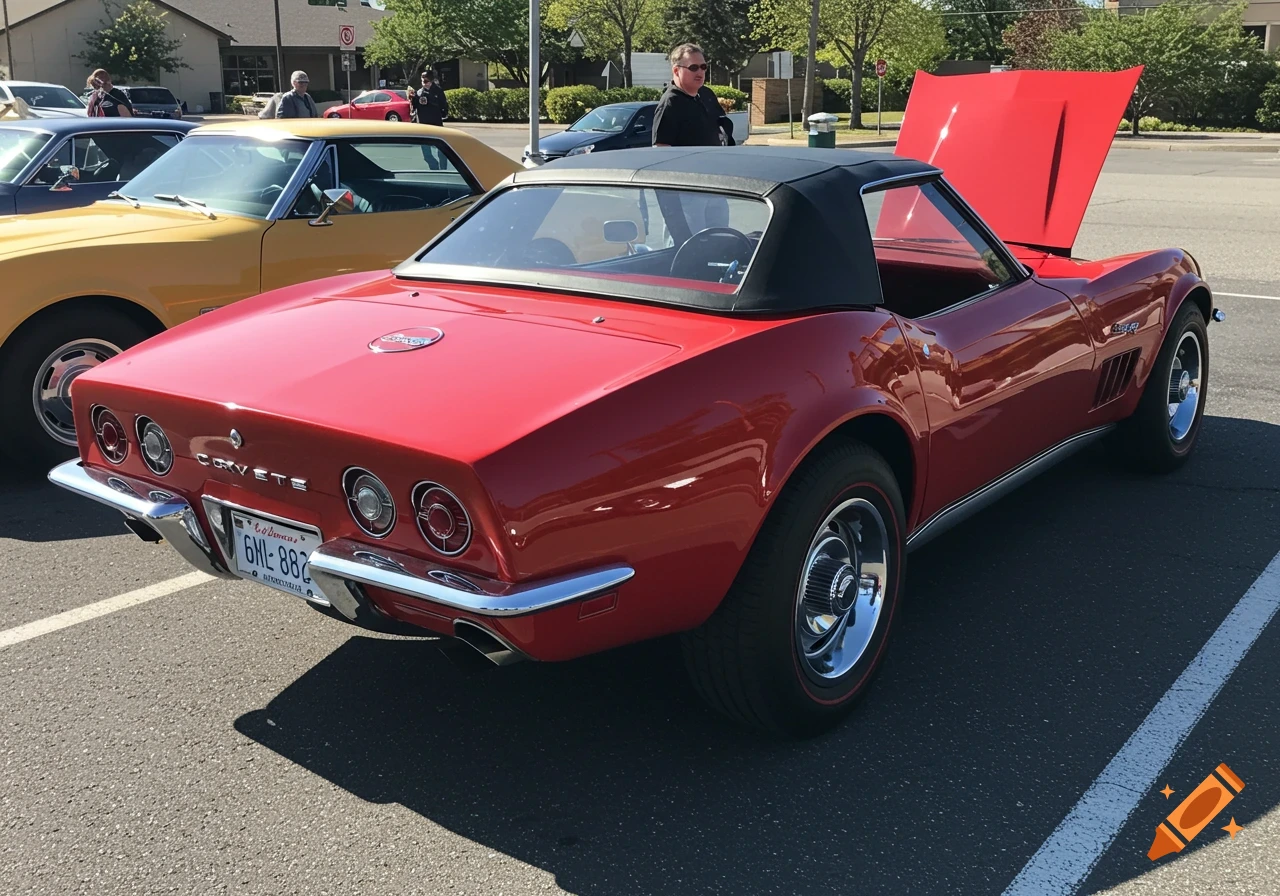 Rear view of a red 1969 Corvette convertible parked outdoors.