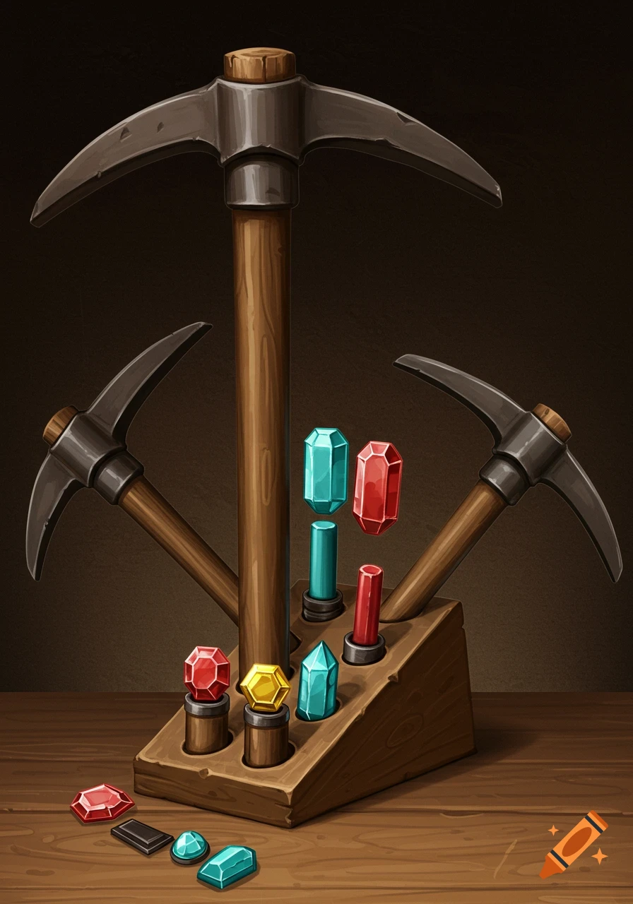 Three pickaxes and various colored gems are displayed in a wooden holder and on a table.