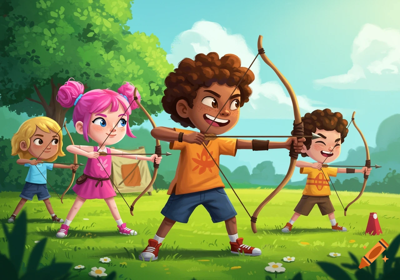 Cartoon illustration of four kids practicing archery outdoors.