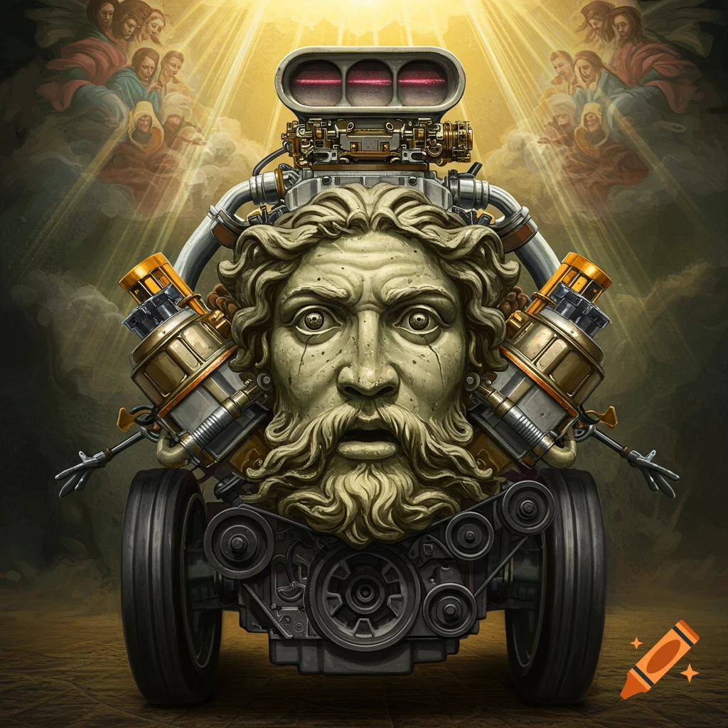 Bizarre sculpture of a stone face V8 engine on wheels against a religious painting background.