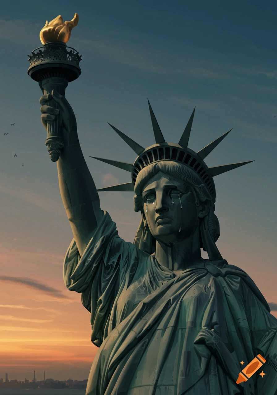 The Statue of Liberty holding her torch high, tears streaming down her face against a sunset sky.
