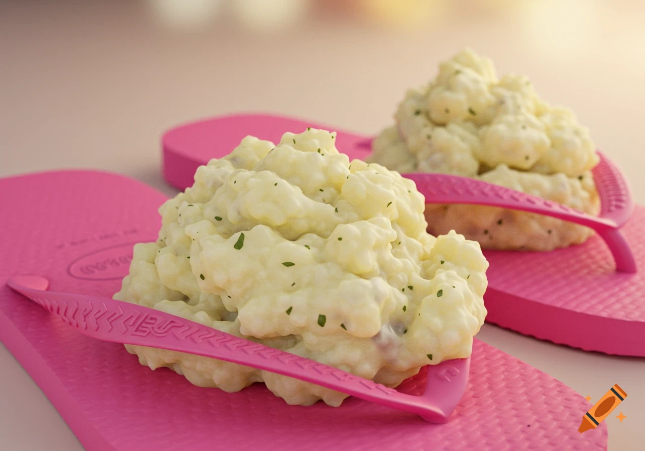 Close-up photorealistic image of mashed potatoes piled on a pair of pink flip-flops.
