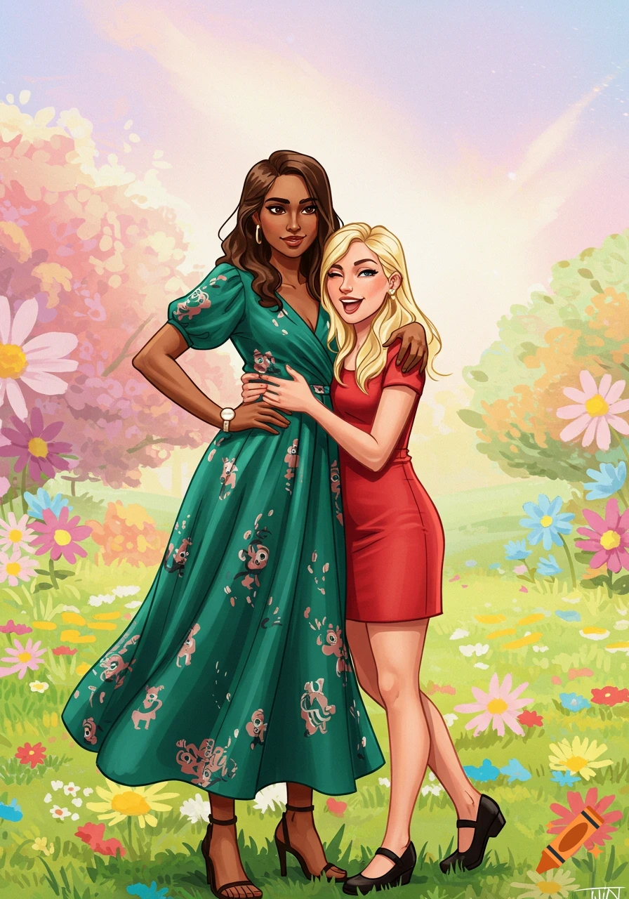 Illustration of two best friends, one tall brunette in green, one blonde in red, hugging in a field of colorful flowers.
