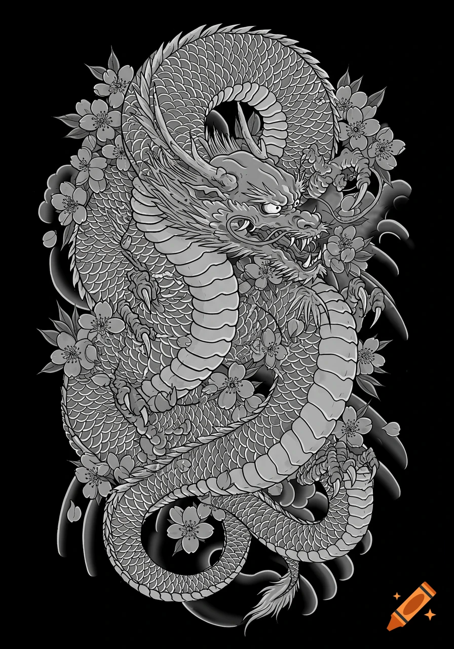 Japanese style black and white dragon with flowers and waves