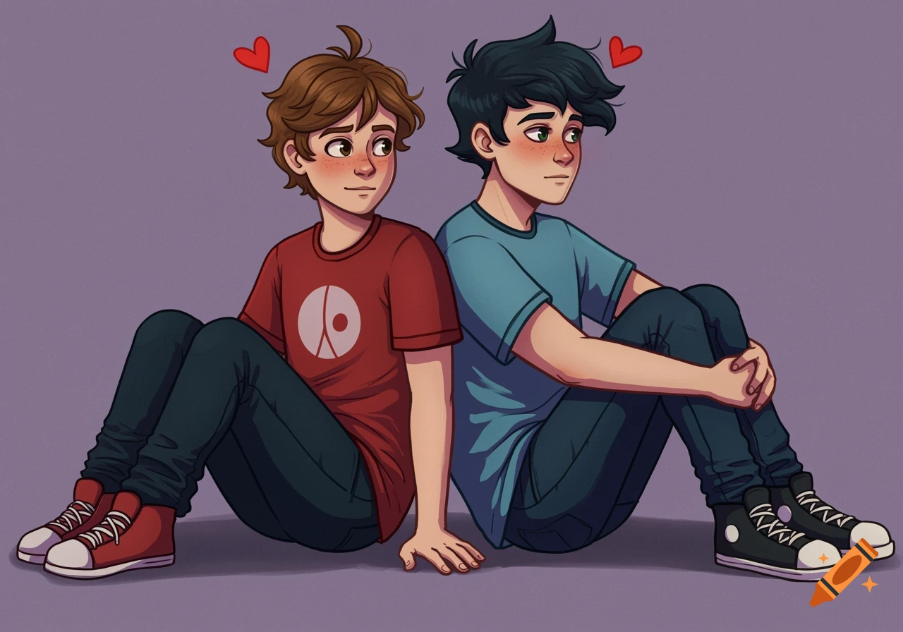 Cartoon illustration of two boys sitting back-to-back, blushing, with hearts above them.