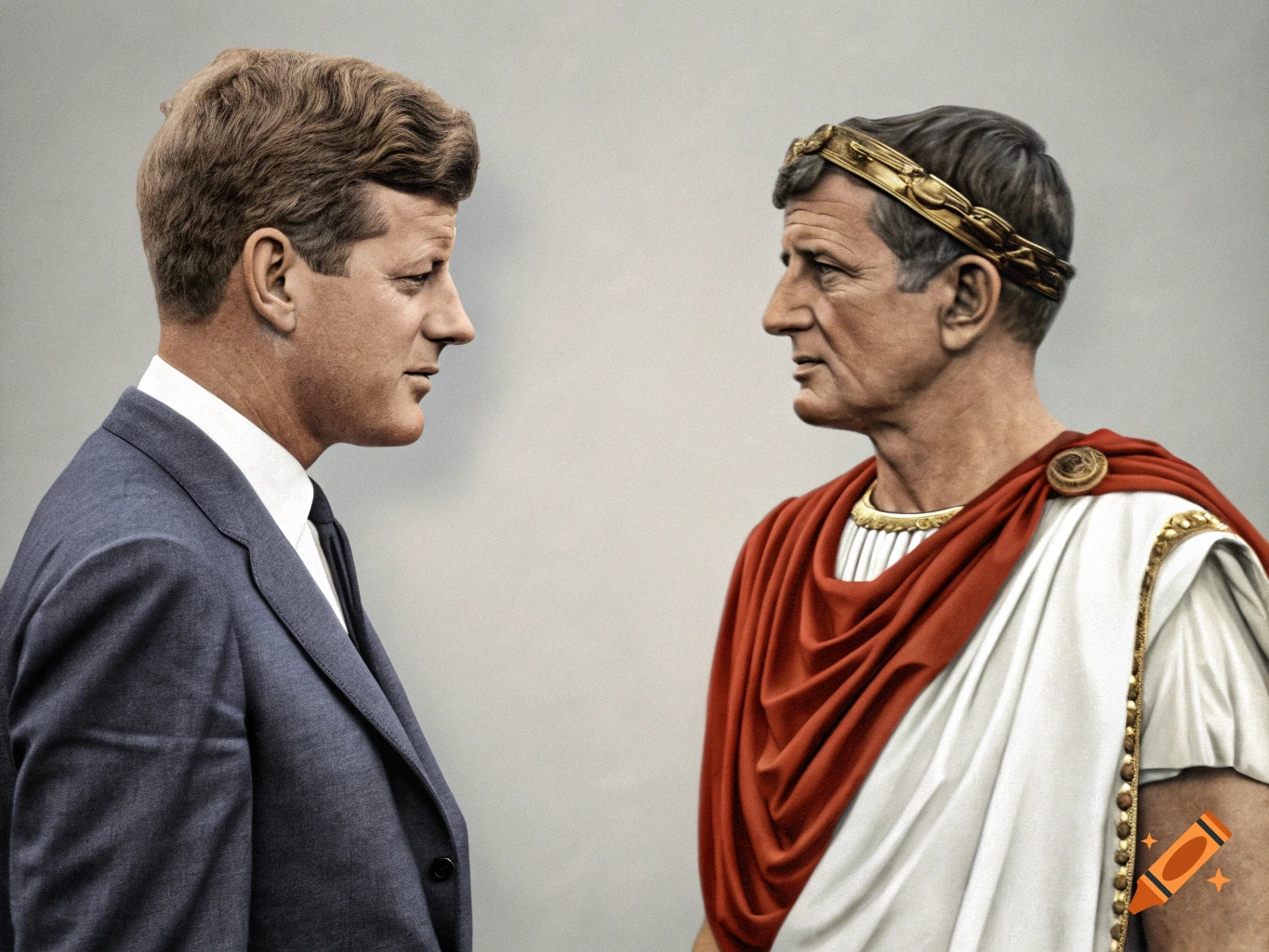 Portrait of JFK in a suit facing Julius Caesar in a toga.
