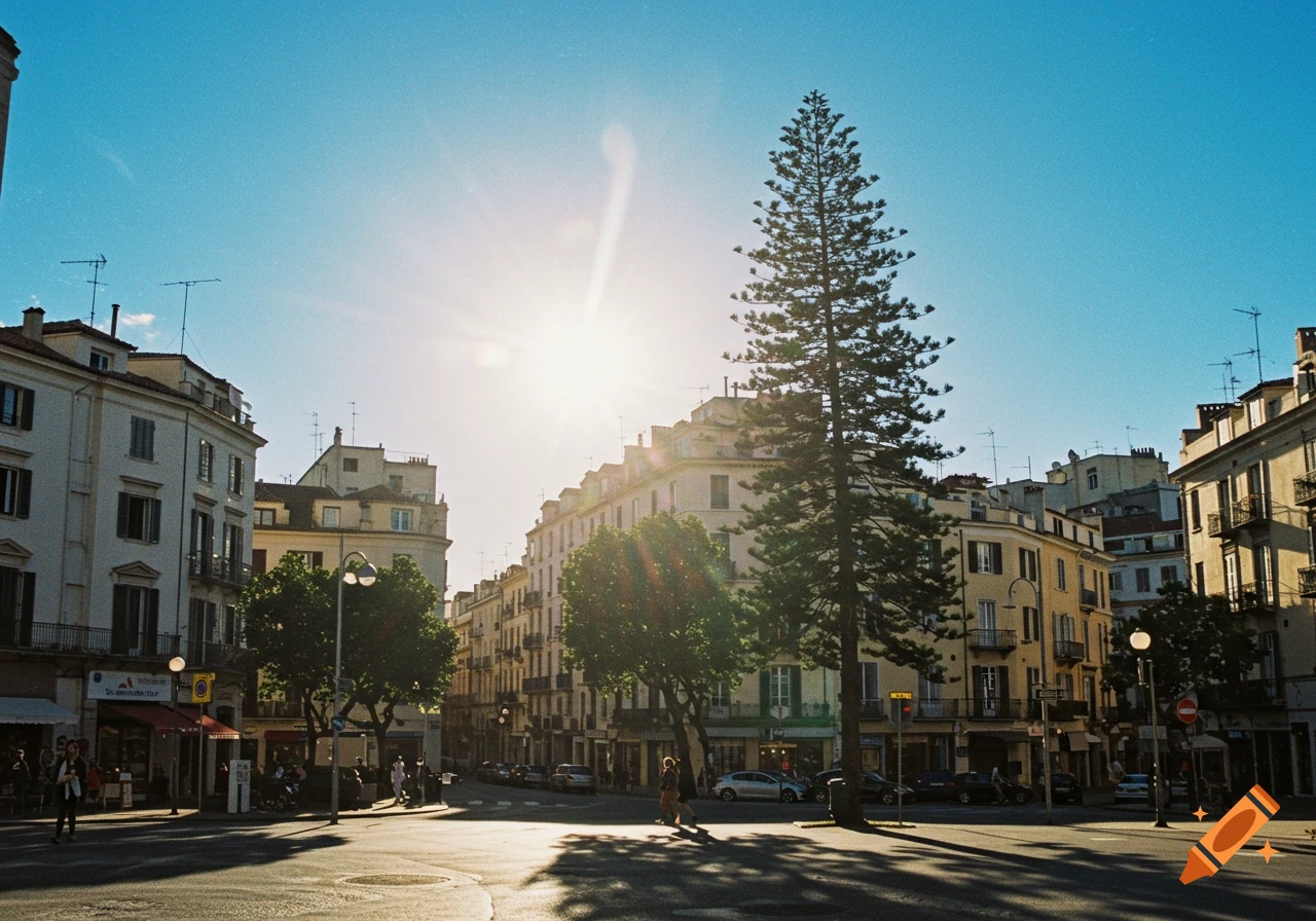 Sunny street scene in a city with tall buildings, a large tree, and people walking, captured with a sun flare