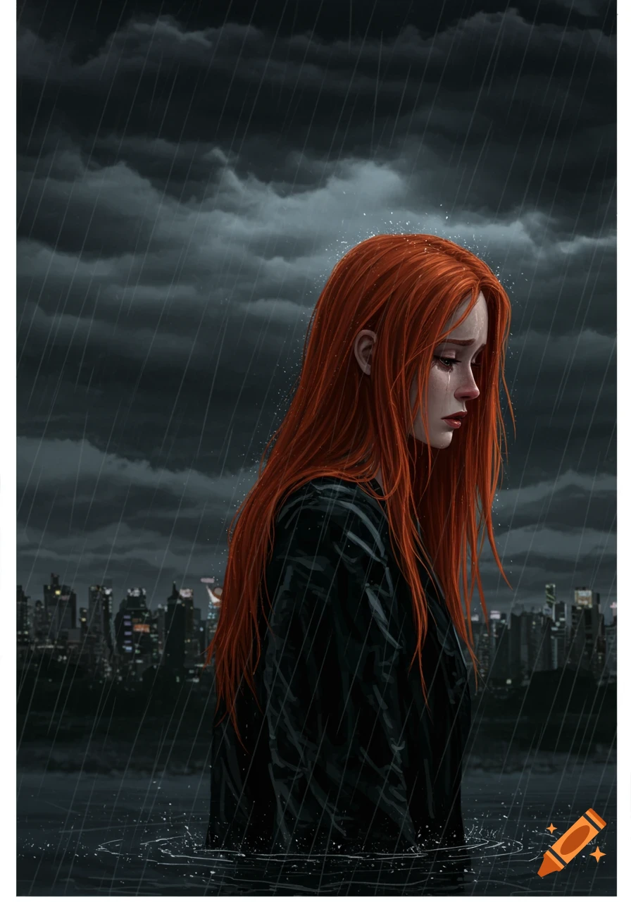 Young redhead woman crying in heavy rain with city skyline.