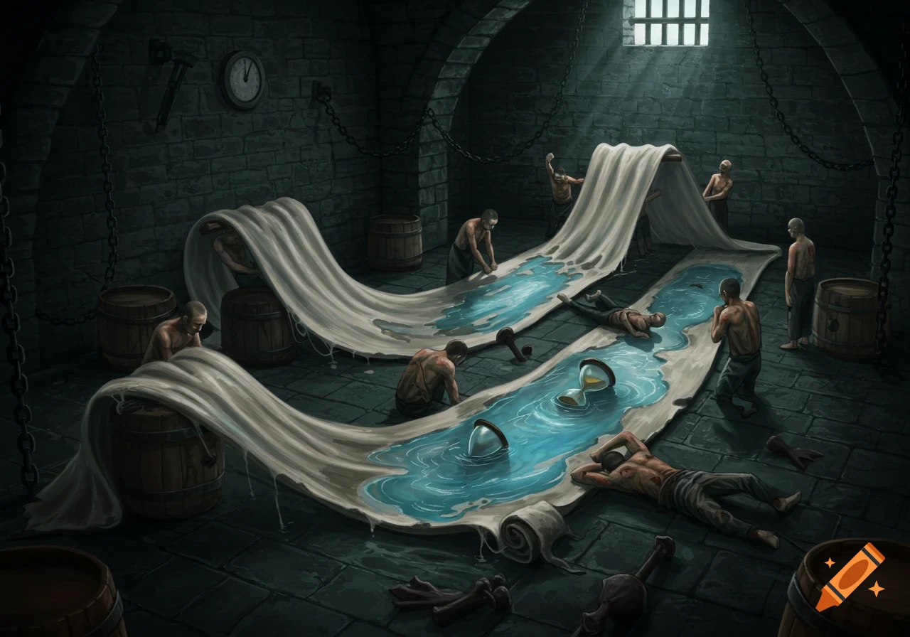Gaunt prisoners wringing water from a sheet in a dark dungeon with collapsed figures, a clock without hands, and an hourglass.
