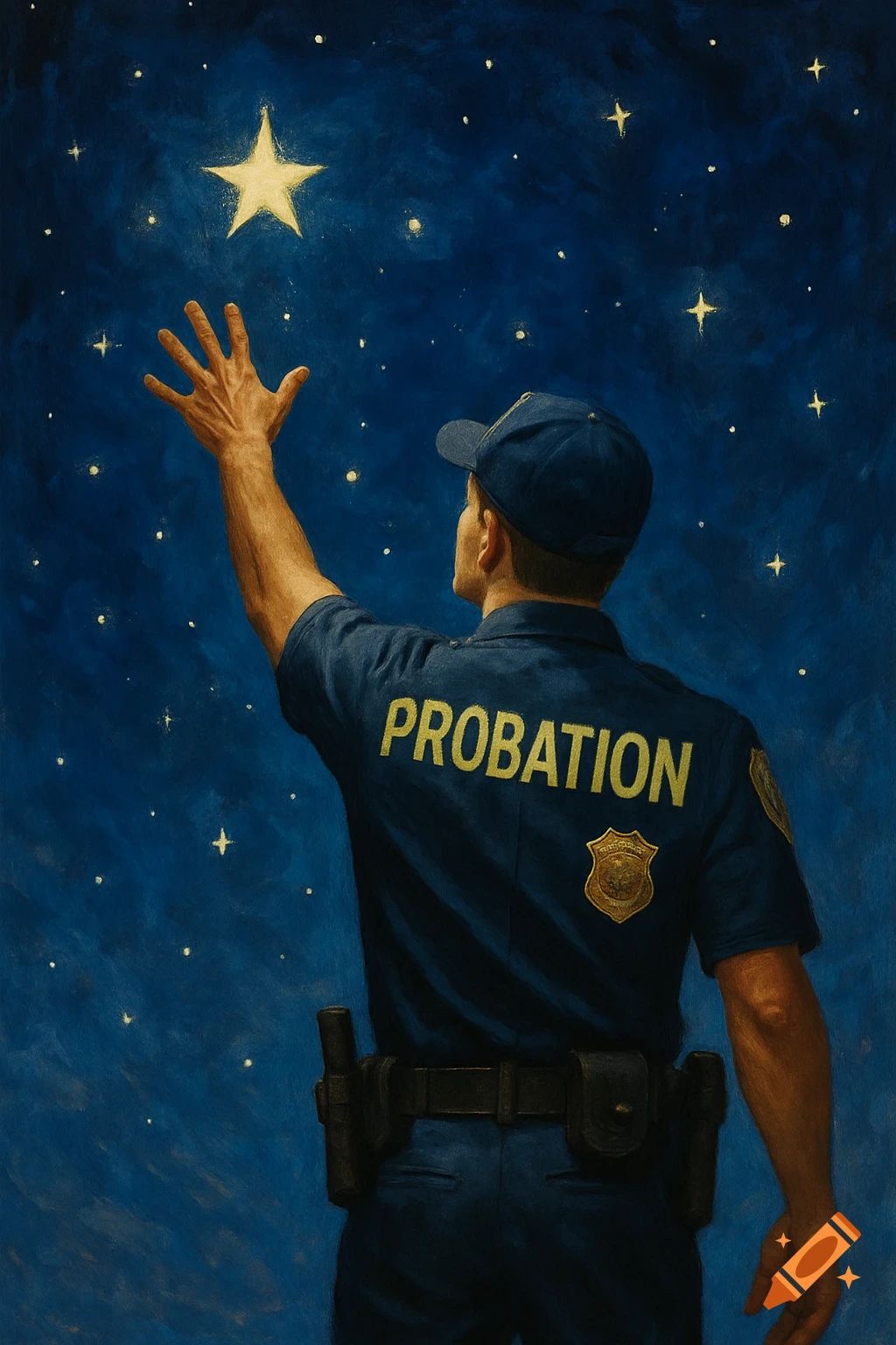 A probation officer in uniform with "PROBATION" on the back reaches up towards a large, bright star in a dark blue, starry night sky.