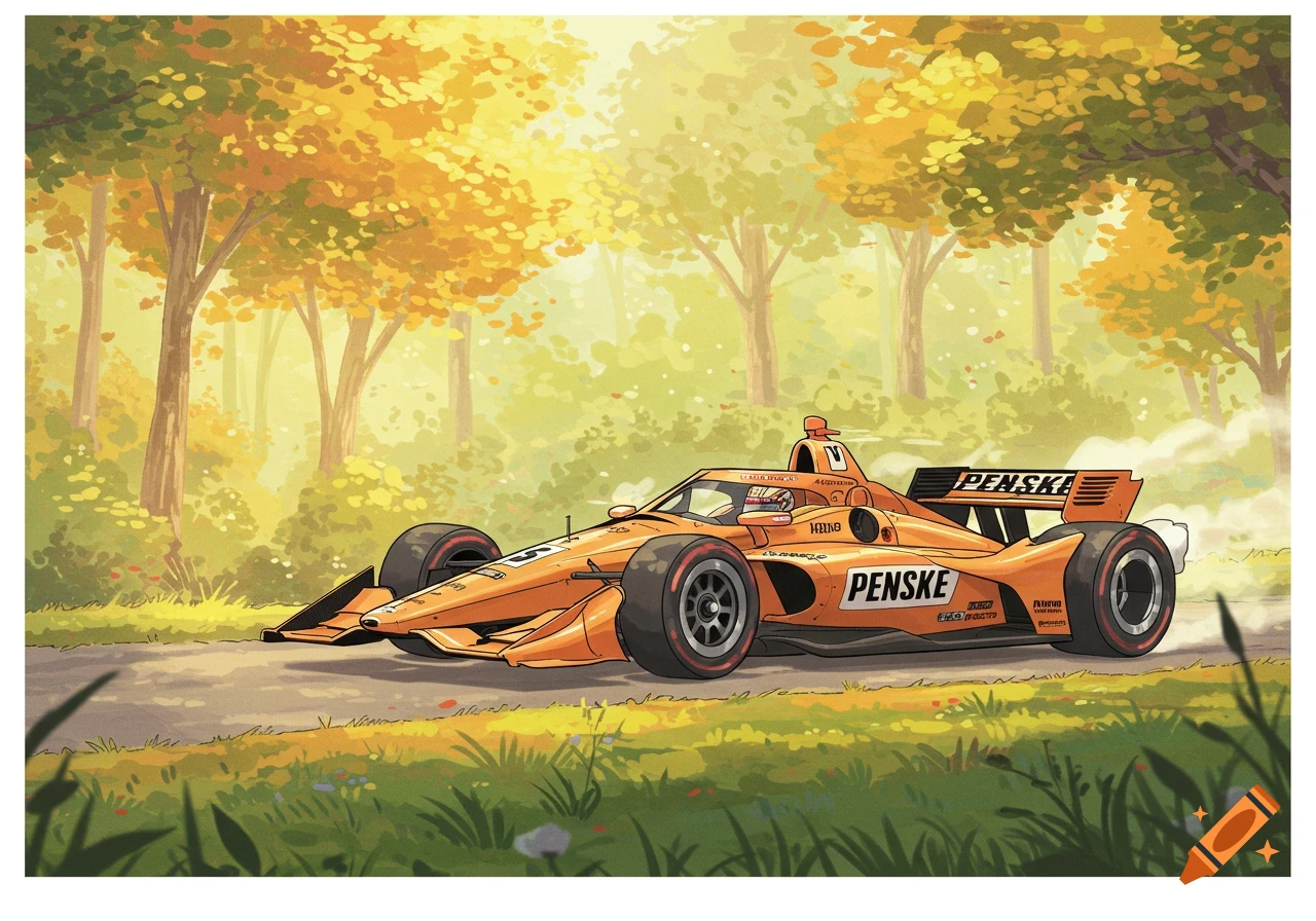 An orange Penske Indycar races through an autumn forest in a Studio Ghibli-inspired illustration style.