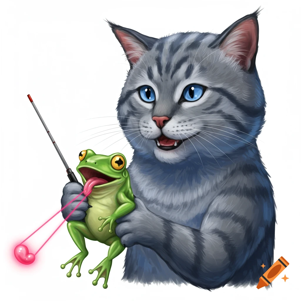 Cartoon illustration of a gray cat holding a green frog that shoots a laser beam from its tongue.