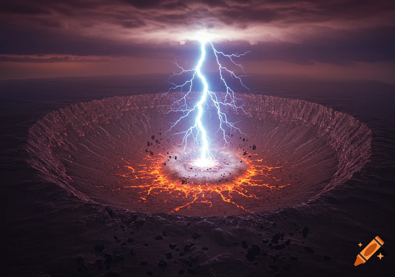 Large lightning bolt striking a huge impact crater with lava-like ground under a stormy sky