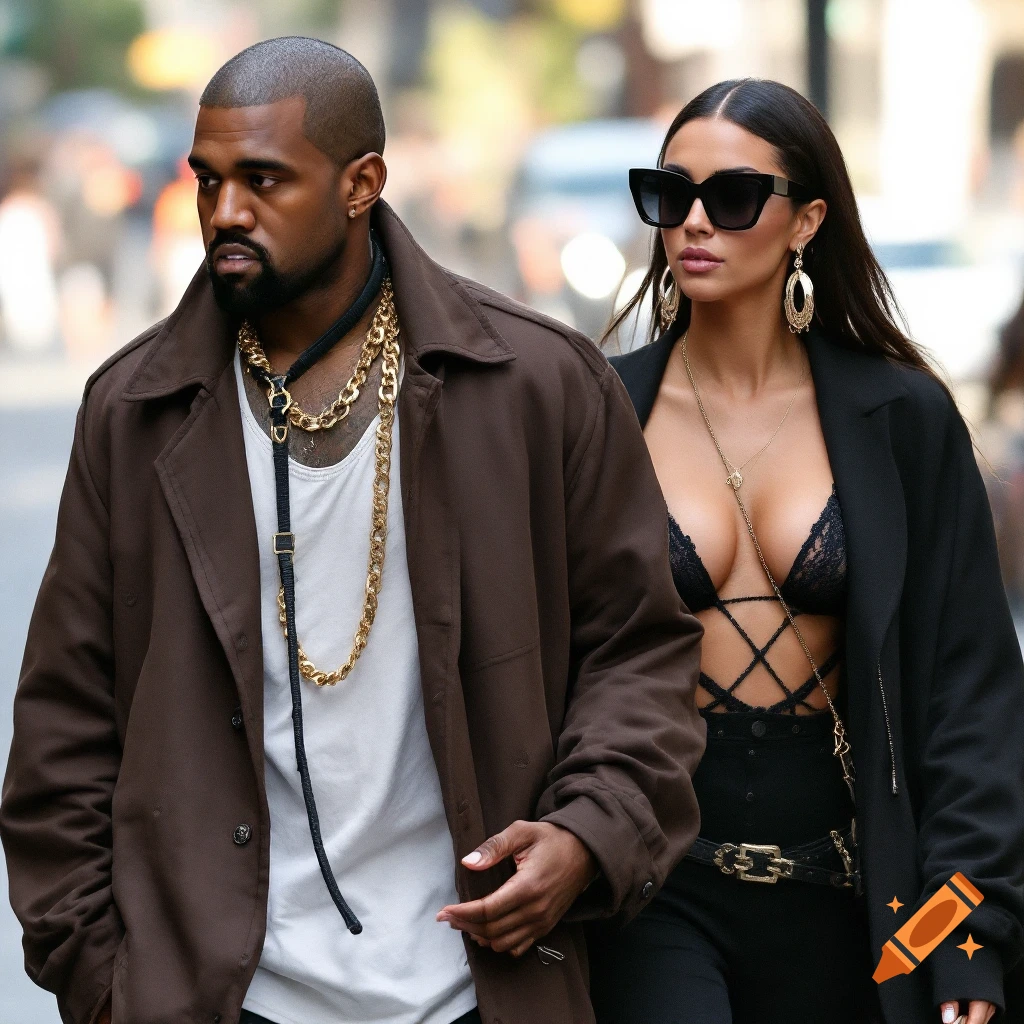 Kanye West with a leash around his neck walks with Bianca Censori in a black coat and revealing top.