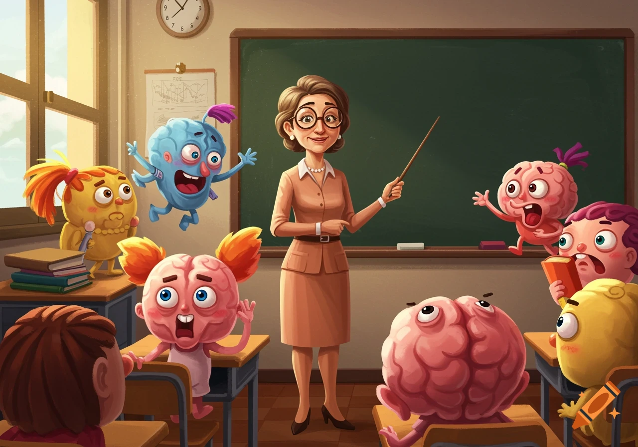 Cartoon teacher teaching brain characters in a classroom