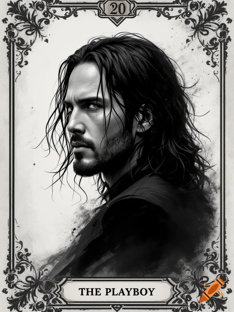 Monochrome portrait of a man with long hair on a tarot card titled 'The Playboy'.