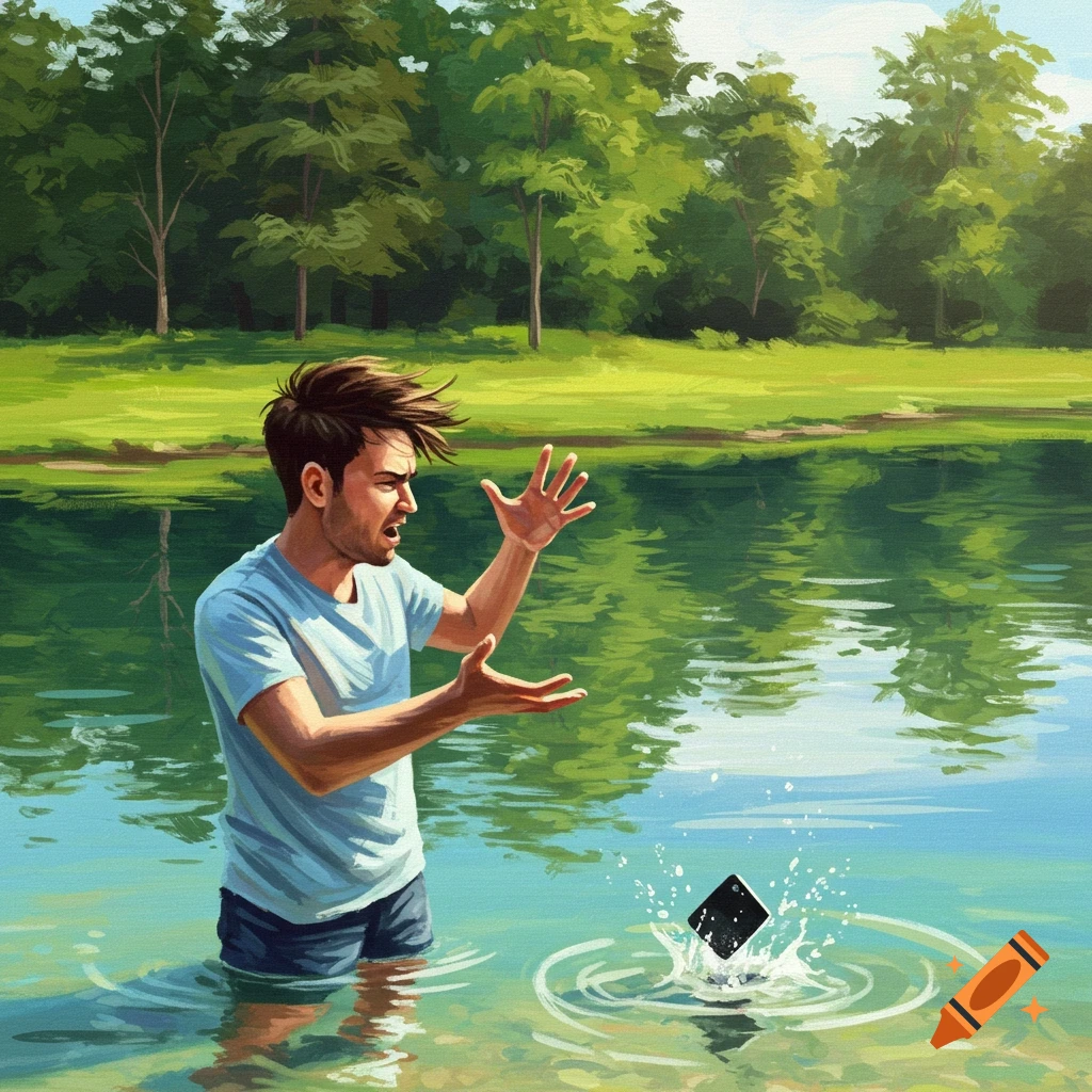 Man standing in lake throws phone, creating a splash. Painting style.