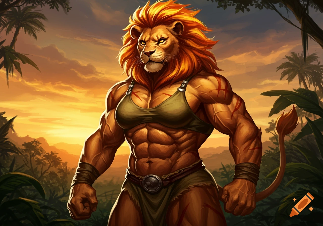 Muscular anthropomorphic lioness in a jungle at sunset.