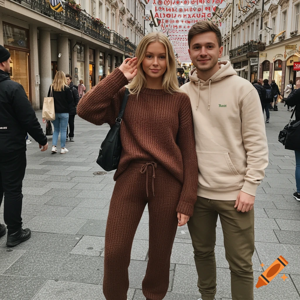A young couple stands and poses on a busy city street. The woman wears a brown knitted sweater and pants set, and the man wears a beige hoodie and olive chinos.